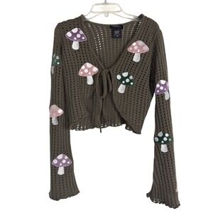 THORN & FABLE Hot Topic Mushroom Knit Tie Front Crop Cardigan L Cottagecore